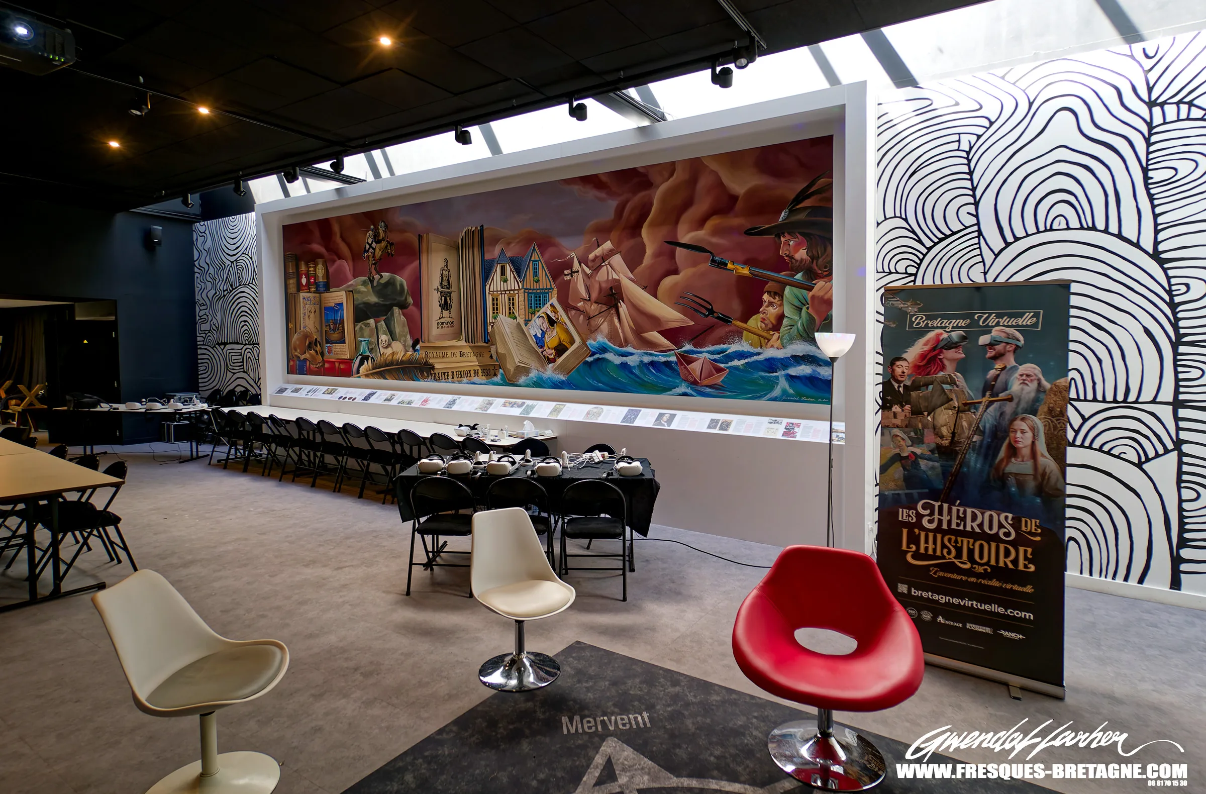 Décoration murale d'entreprise par Gwendal Larher, fresque sur l'histoire de la Bretagne pour salle de conférence à Vannes